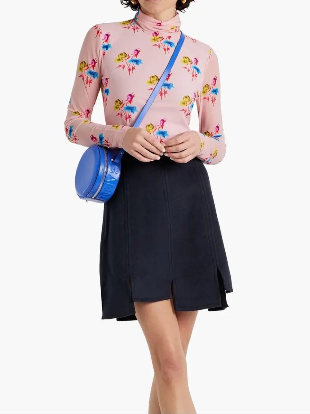 Ganni Pink Floral Long-Sleeve Mesh Turtleneck Top